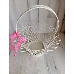 Large vintage metal wire white Easter basket flower shaped bow unique
